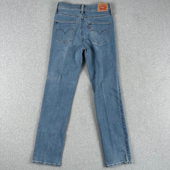 Levi Women Slimming Straight Jeans 27x32 Blue Light Wash Denim Whiskering Rodeo - Picture 8 of 9